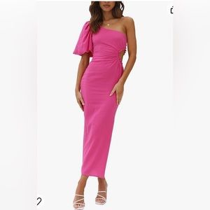 BTFBM women’s one shoulder hot pink dress puffy shoulder button zipper side M